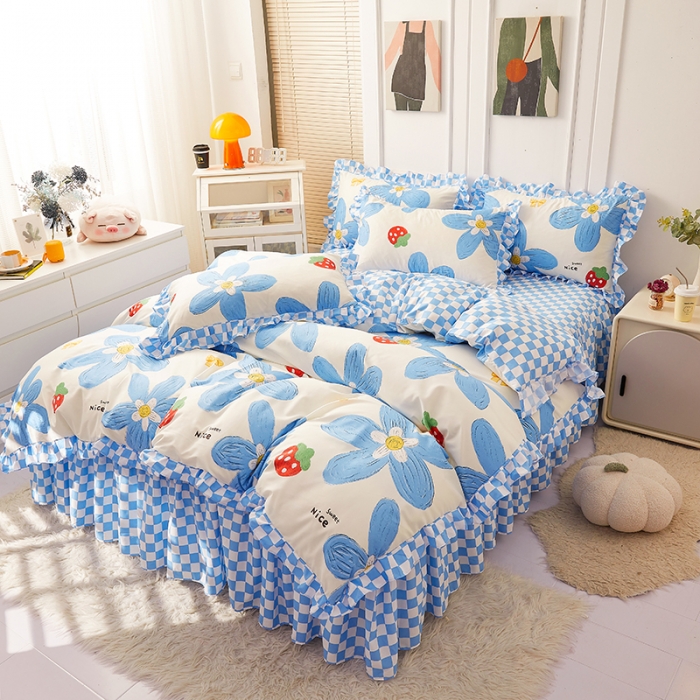 91家纺网 家纺一手货源 找家纺 艾裙海床笠 2025新款乐卡棉亲肤韩版小清新四件套 清甜草莓