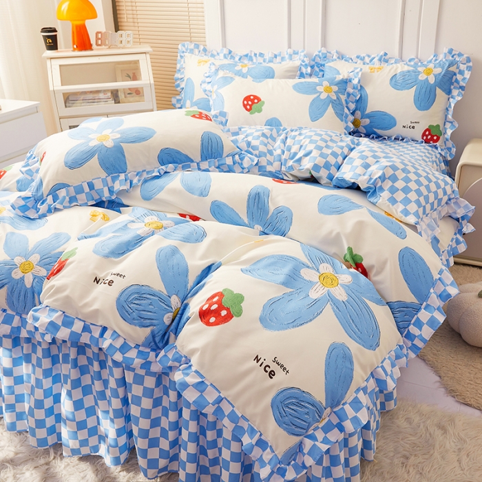 91家纺网 家纺一手货源 找家纺 艾裙海床笠 2025新款乐卡棉亲肤韩版小清新四件套 清甜草莓