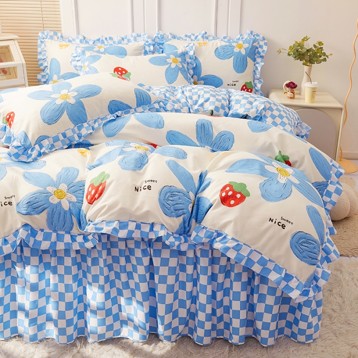 91家纺网 家纺一手货源 找家纺 艾裙海床笠 2025新款乐卡棉亲肤韩版小清新四件套 清甜草莓