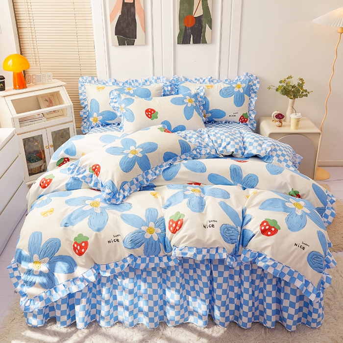 91家纺网 家纺一手货源 找家纺 艾裙海床笠 2025新款乐卡棉亲肤韩版小清新四件套 清甜草莓