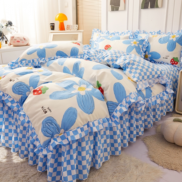 91家纺网 家纺一手货源 找家纺 艾裙海床笠 2025新款乐卡棉亲肤韩版小清新四件套 清甜草莓