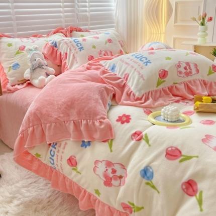 91家纺网 家纺一手货源 找家纺 （总）花伞2022新款韩版花边高克重牛奶绒小清新四件套