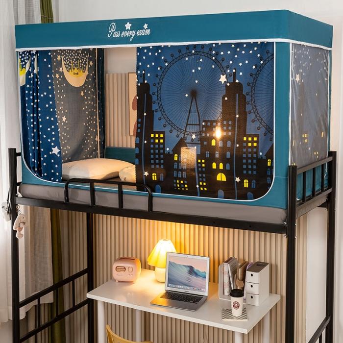 91家纺网 家纺一手货源 找家纺 学生宿舍蚊帐一体上下铺蚊帐遮光防尘床帘0.9米三开门拉链蚊帐