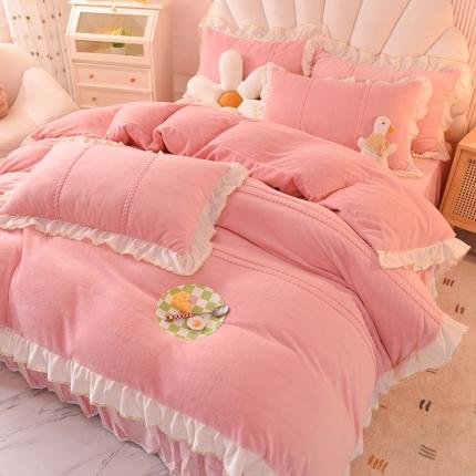 91家纺网 家纺一手货源 找家纺 花香四季 2023新款秋冬高克重加厚牛奶绒四件套爆款 蜜雪粉