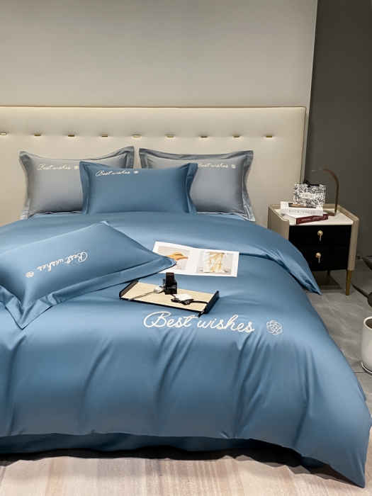 91家纺网 家纺一手货源 找家纺 寐居 2022新款60支长绒棉刺绣四件套 浅爱-宾利蓝