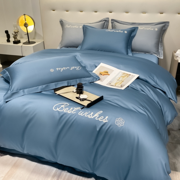 91家纺网 家纺一手货源 找家纺 寐居 2022新款60支长绒棉刺绣四件套 浅爱-宾利蓝