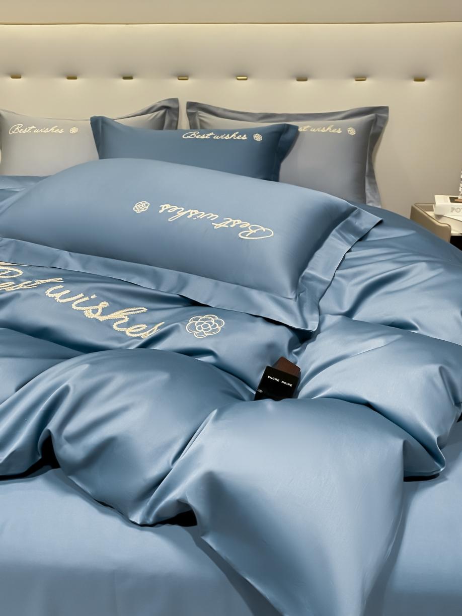 91家纺网 家纺一手货源 找家纺 寐居 2022新款60支长绒棉刺绣四件套 浅爱-宾利蓝