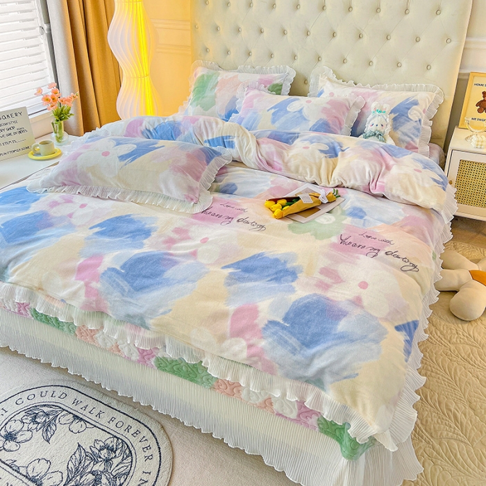 91家纺网 家纺一手货源 找家纺 （总）澳梵  2022新款韩版印花牛奶绒床盖三件套四件套