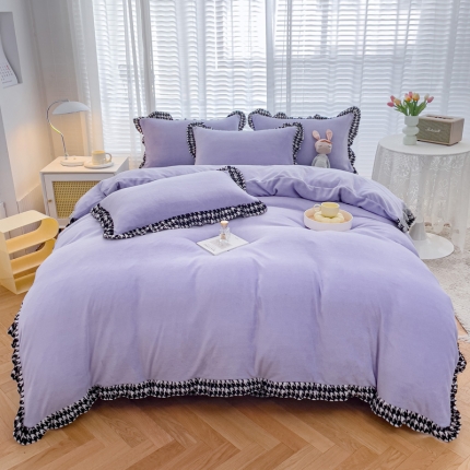 91家纺网 家纺一手货源 找家纺 2023新款撞色牛奶绒花边四件套