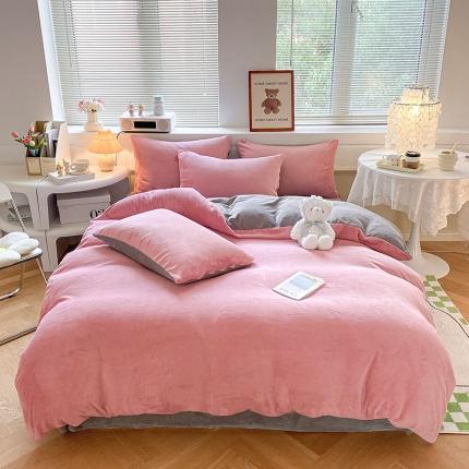 寐居 2022新款高克重加厚保暖拼色牛奶绒四件套 豆豆粉灰