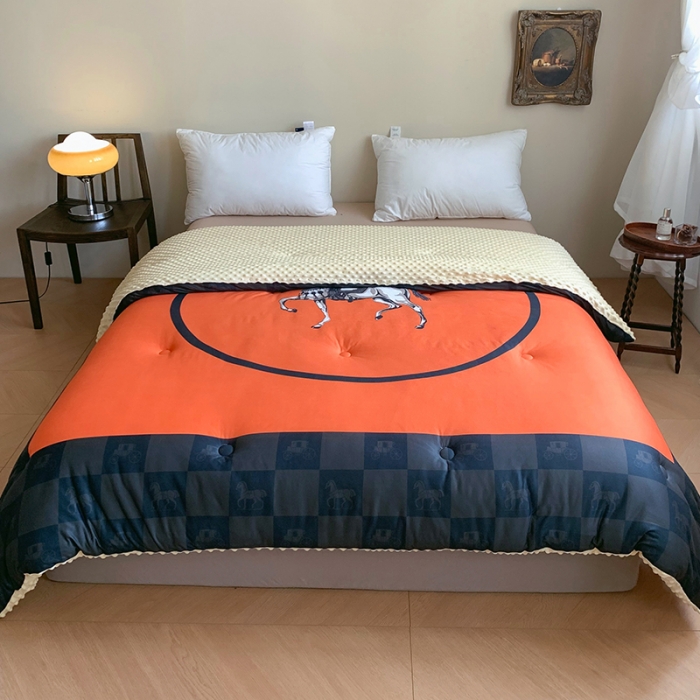 91家纺网 家纺一手货源 找家纺 花沐 2023新款针织棉大豆被豆豆被冬被被子 大版印花-橘