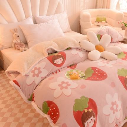 91家纺网 家纺一手货源 找家纺 眠博士 2021新款印花拼羊羔绒单被套 草莓女孩