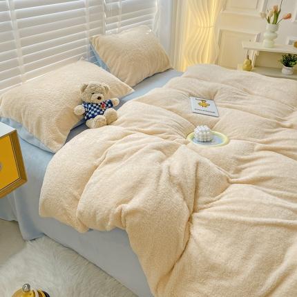 91家纺网 家纺一手货源 找家纺 2022山茶家纺新款纯色美丽绒牛奶绒四件套 黄拼奶蓝