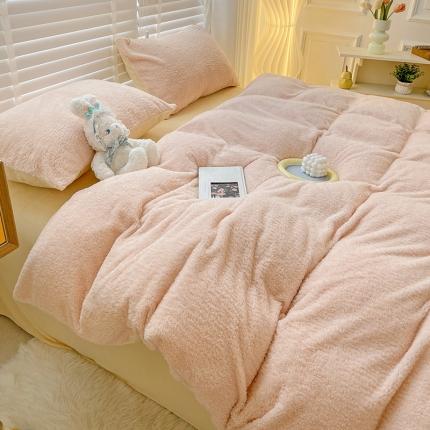 91家纺网 家纺一手货源 找家纺 2022山茶家纺新款纯色美丽绒牛奶绒四件套 浅粉拼黄