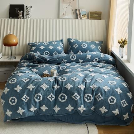 花沐 2023新款轻奢提花牛奶绒四件套 提花蓝色