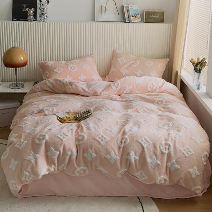 花沐 2023新款轻奢提花牛奶绒四件套 提花浅粉色