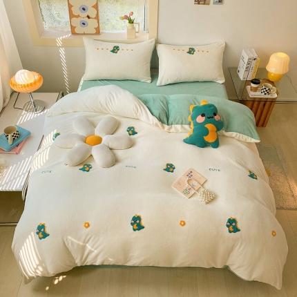 寐居 2022新款A类牛奶绒毛巾绣四件套 萌宠恐龙-绿