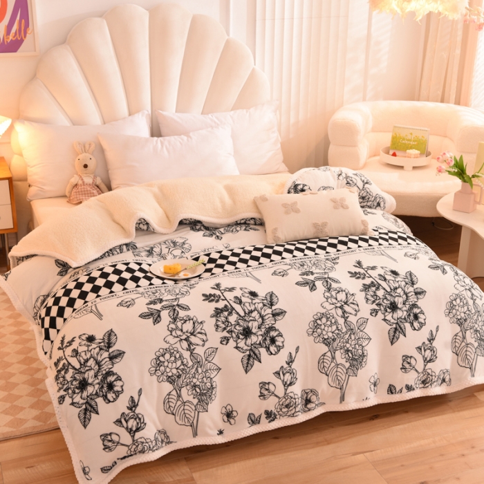 91家纺网 家纺一手货源 找家纺 眠博士 2021新款印花拼羊羔绒单被套 优雅生活