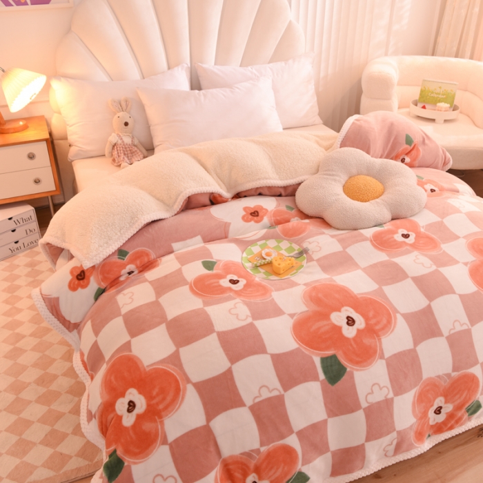 91家纺网 家纺一手货源 找家纺 眠博士 2021新款印花拼羊羔绒单被套 莫兰迪雅玉