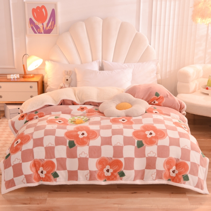 91家纺网 家纺一手货源 找家纺 眠博士 2021新款印花拼羊羔绒单被套 莫兰迪雅玉