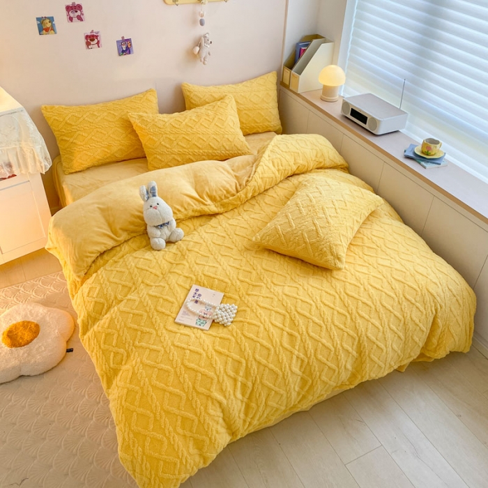 91家纺网 家纺一手货源 找家纺 金爱家 2023新款塔芙绒牛奶绒防静电四件套 塔芙绒-柠檬黄