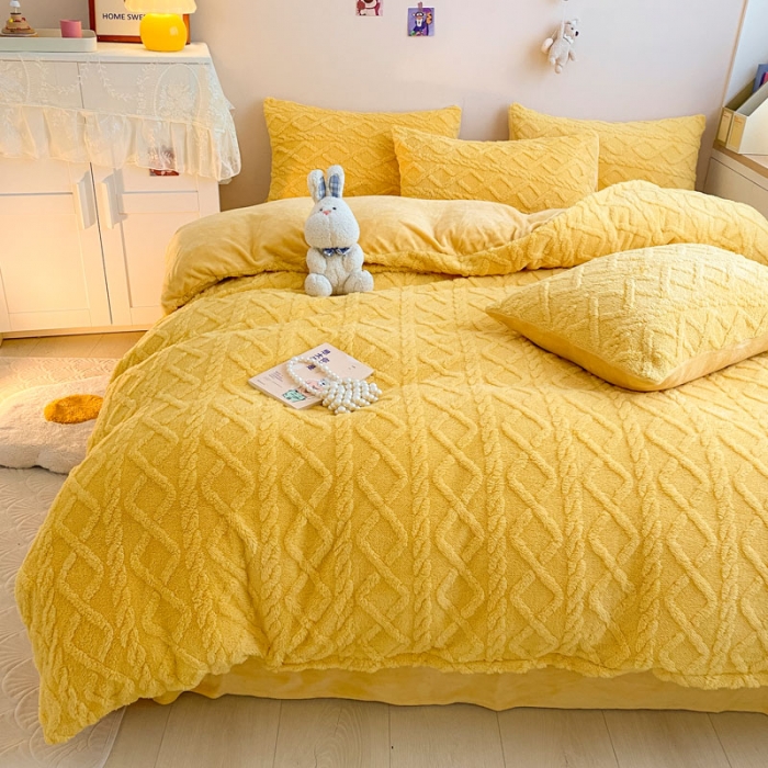 91家纺网 家纺一手货源 找家纺 金爱家 2023新款塔芙绒牛奶绒防静电四件套 塔芙绒-柠檬黄