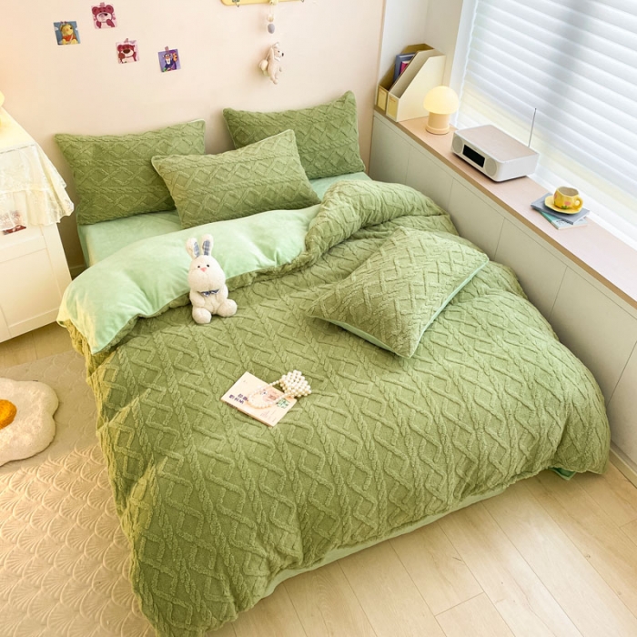 91家纺网 家纺一手货源 找家纺 金爱家 2023新款塔芙绒牛奶绒防静电四件套 塔芙绒-青绿