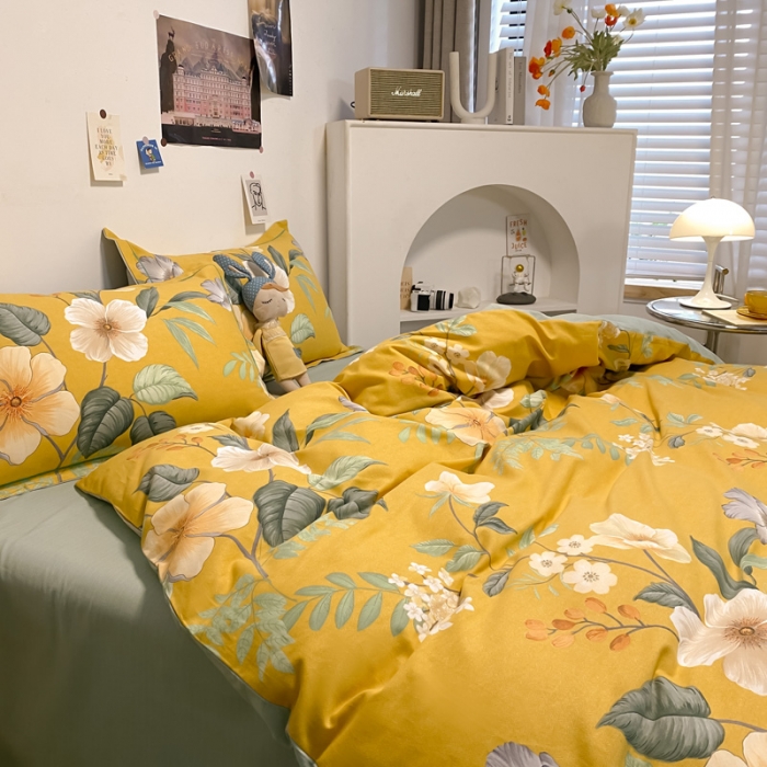91家纺网 家纺一手货源 找家纺 金爱家 2023新款全棉生态磨毛小清新四件套 朵朵凝香-黄