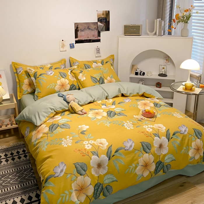 91家纺网 家纺一手货源 找家纺 金爱家 2023新款全棉生态磨毛小清新四件套 朵朵凝香-黄