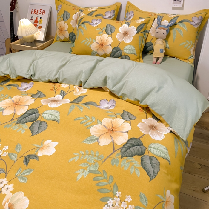 91家纺网 家纺一手货源 找家纺 金爱家 2023新款全棉生态磨毛小清新四件套 朵朵凝香-黄