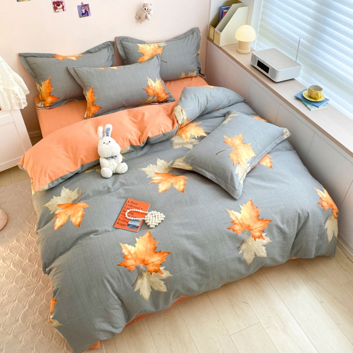 91家纺网 家纺一手货源 找家纺 金爱家 2023新款全棉生态磨毛小清新四件套 枫情