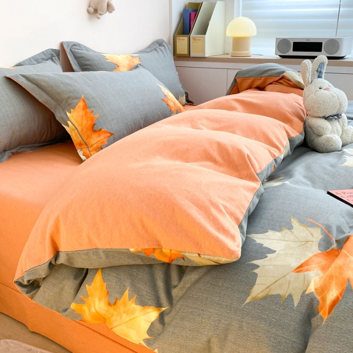 91家纺网 家纺一手货源 找家纺 金爱家 2023新款全棉生态磨毛小清新四件套 枫情