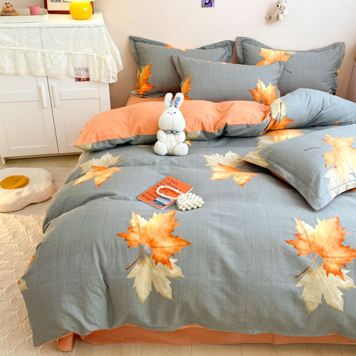 91家纺网 家纺一手货源 找家纺 金爱家 2023新款全棉生态磨毛小清新四件套 枫情