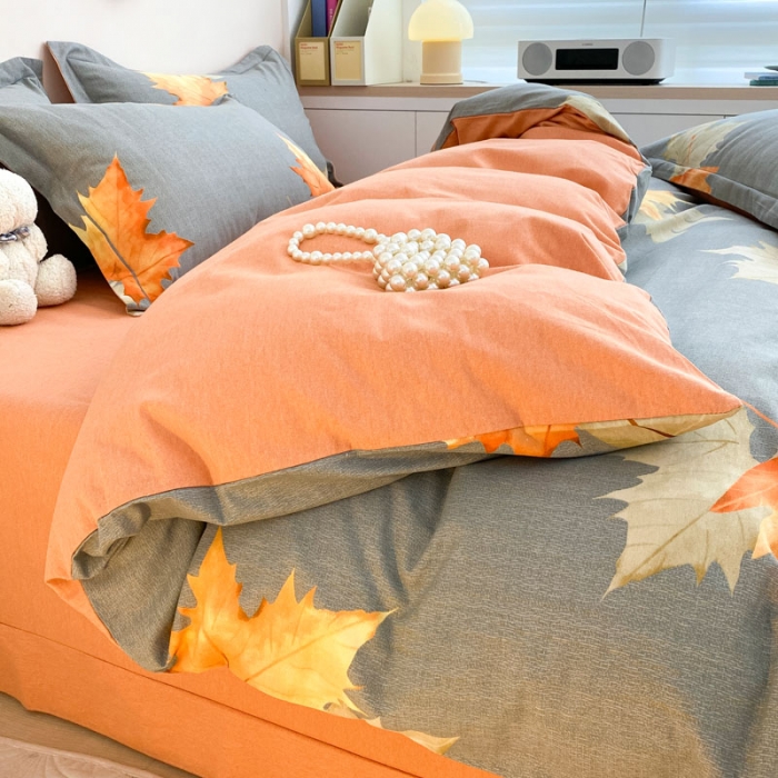 91家纺网 家纺一手货源 找家纺 金爱家 2023新款全棉生态磨毛小清新四件套 枫情