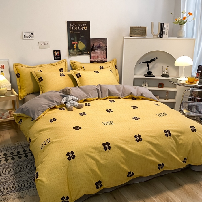 91家纺网 家纺一手货源 找家纺 金爱家 2023新款全棉生态磨毛小清新四件套 情人草-黄