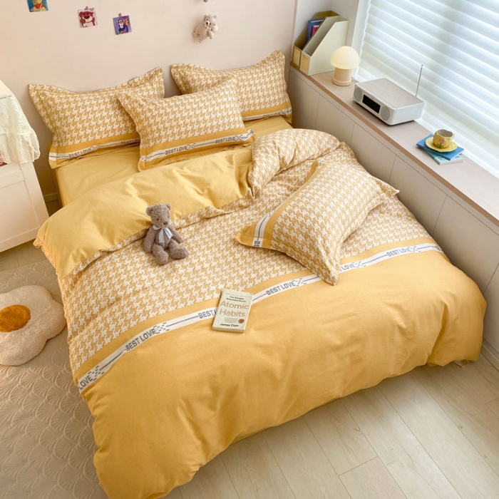 91家纺网 家纺一手货源 找家纺 金爱家 2023新款全棉生态磨毛小清新四件套 依恋-黄