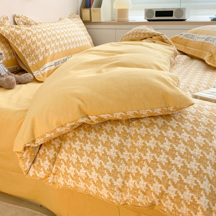 91家纺网 家纺一手货源 找家纺 金爱家 2023新款全棉生态磨毛小清新四件套 依恋-黄