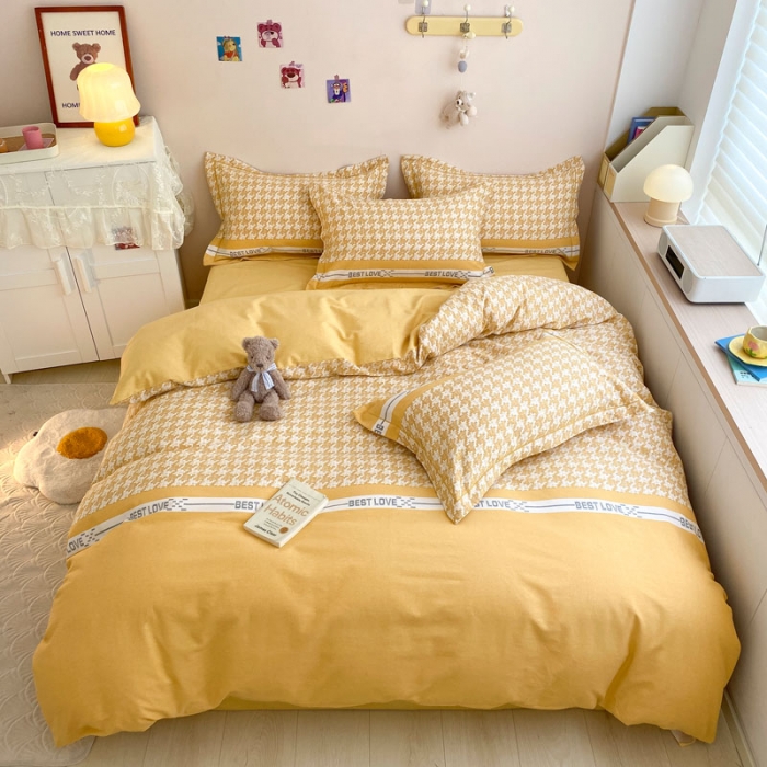 91家纺网 家纺一手货源 找家纺 金爱家 2023新款全棉生态磨毛小清新四件套 依恋-黄