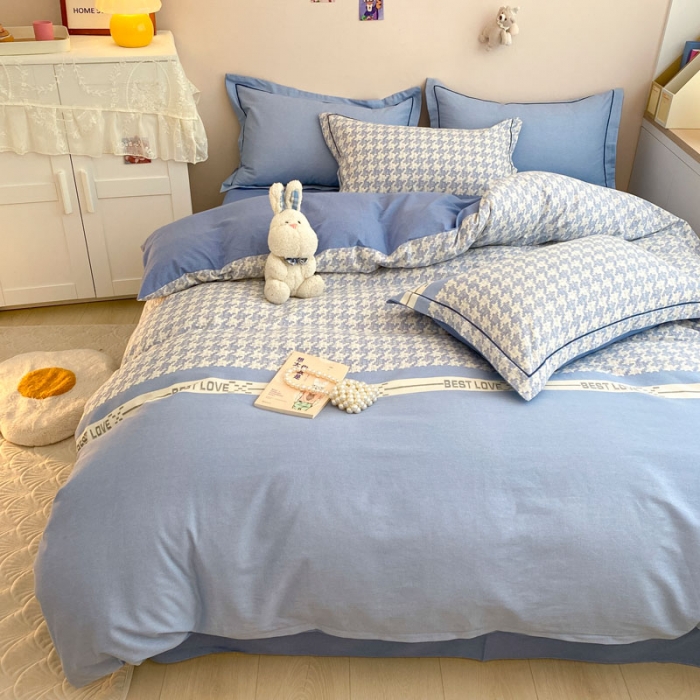 91家纺网 家纺一手货源 找家纺 金爱家 2023新款全棉生态磨毛小清新四件套 依恋-蓝