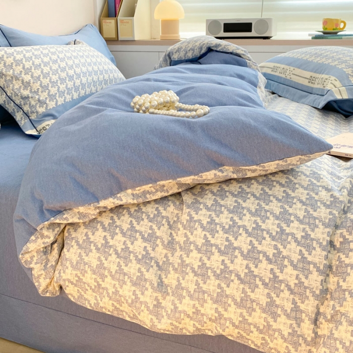 91家纺网 家纺一手货源 找家纺 金爱家 2023新款全棉生态磨毛小清新四件套 依恋-蓝