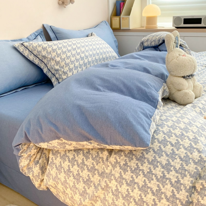 91家纺网 家纺一手货源 找家纺 金爱家 2023新款全棉生态磨毛小清新四件套 依恋-蓝