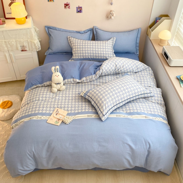 91家纺网 家纺一手货源 找家纺 金爱家 2023新款全棉生态磨毛小清新四件套 依恋-蓝