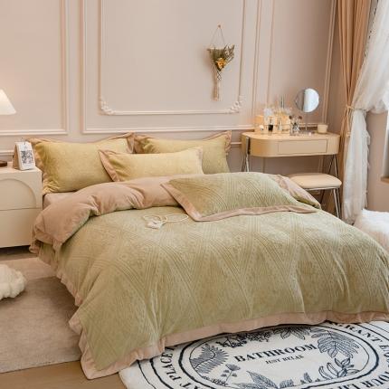 91家纺网 家纺一手货源 找家纺 丝幔新款全消光5D雕花牛奶绒四件套 欧式烂花-抹茶绿