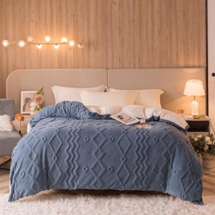 91家纺网 家纺一手货源 找家纺 简爱-2025舒棉绒羊羔绒单被套多功能毯 纹路菱形格-北卡蓝