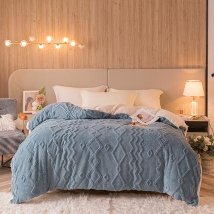 91家纺网 家纺一手货源 找家纺 简爱-2025舒棉绒羊羔绒单被套多功能毯 纹路菱形格-暮色蓝