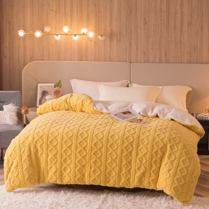 91家纺网 家纺一手货源 找家纺 简爱-2025舒棉绒羊羔绒单被套多功能毯 菱形茉格-柠檬黄