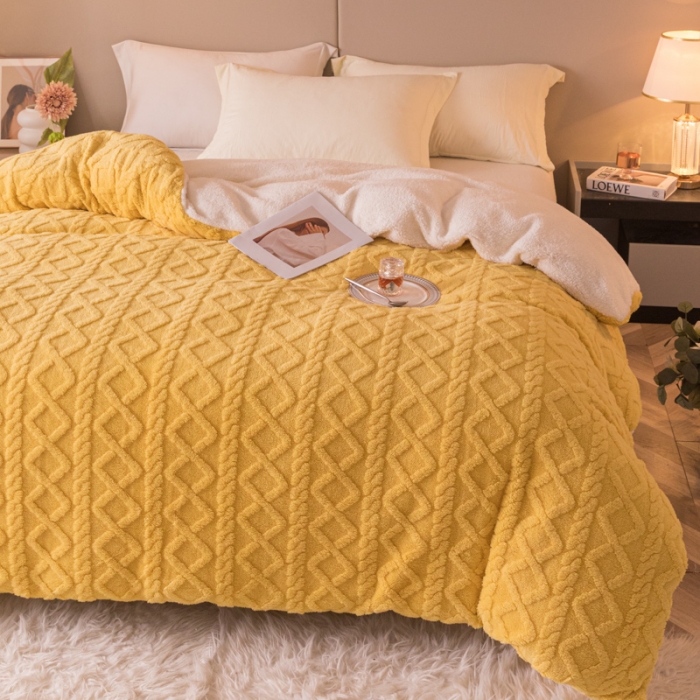 91家纺网 家纺一手货源 找家纺 简爱-2025舒棉绒羊羔绒单被套多功能毯 菱形茉格-柠檬黄