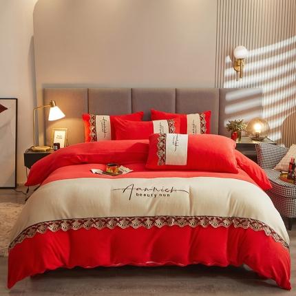 91家纺网 家纺一手货源 找家纺 涵美人 2025新款加厚法莱绒牛奶绒四件套 大红拼米白