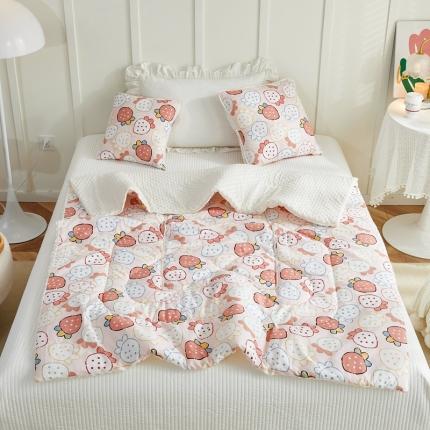 翰轩家居 2022新款全棉印花小清新豆豆绒抱枕被 草莓粉