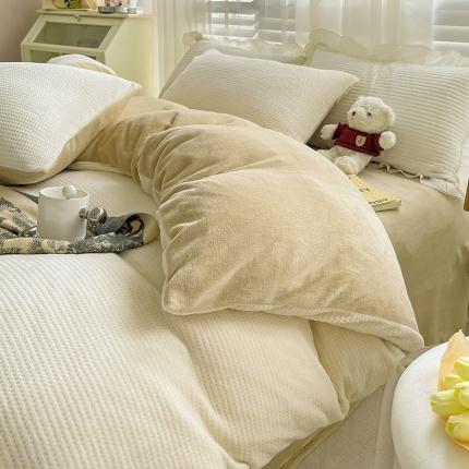 91家纺网 家纺一手货源 找家纺 捌月2024新款华夫格牛奶绒四件套华夫格-奶油白有买家秀提供